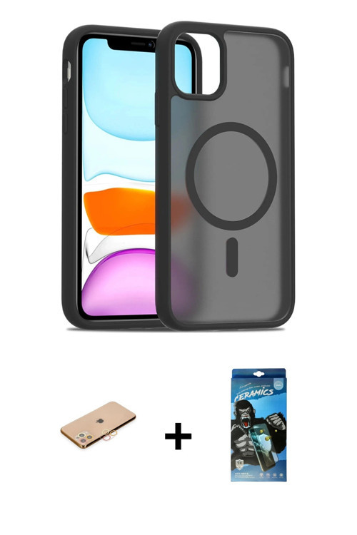 ieg™ iPhone 11 Pro Max Kılıf Siluet Minimal Prime - Siyah 34D Izgaralı Cam + Turuncu Renkli Kamera L