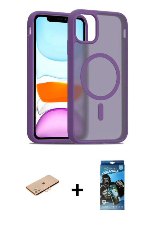 ieg™ iPhone 11 Pro Max Kılıf Siluet Minimal Prime - Siyah 34D Izgaralı Cam + Turuncu Renkli Kamera L