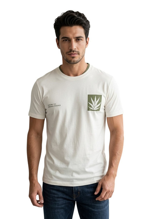 44165 Ekru Erkek Bisiklet Yaka Tshirt