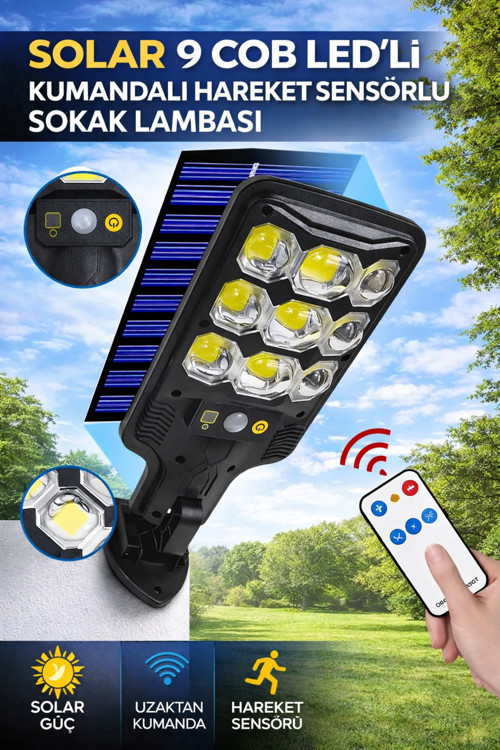 Solar 9 COB Led Sokak Lambası Kumandalı Hareket Sensörlü Bahçe Aydınlatma Duvar Lambası