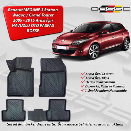 Renault Megane 3 Paspas Araca Özel 2009 2015 BOSSE 3D Havuzlu Oto Paspas