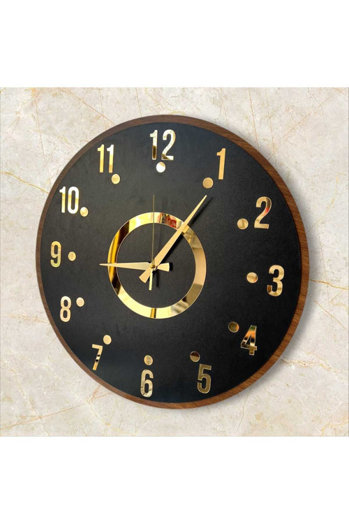 Siyah Renk Gold Gri Aynalı Sayılı Sessiz Hediyelik Ahşap Dekoratif Desenli Ev Ofis Duvar Saati 50cm
