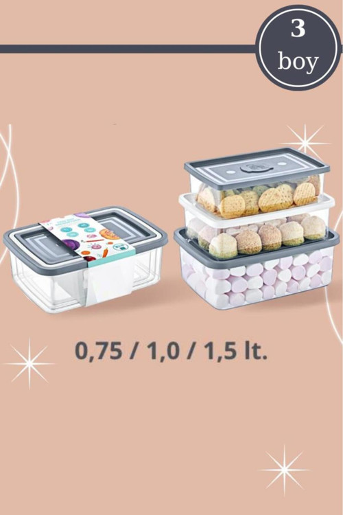3’lü Dikdörtgen Erzak Saklama Kabı, Modüler Muhafaza Kutusu 3’lü Set (750ml,1000ml,1500ml)