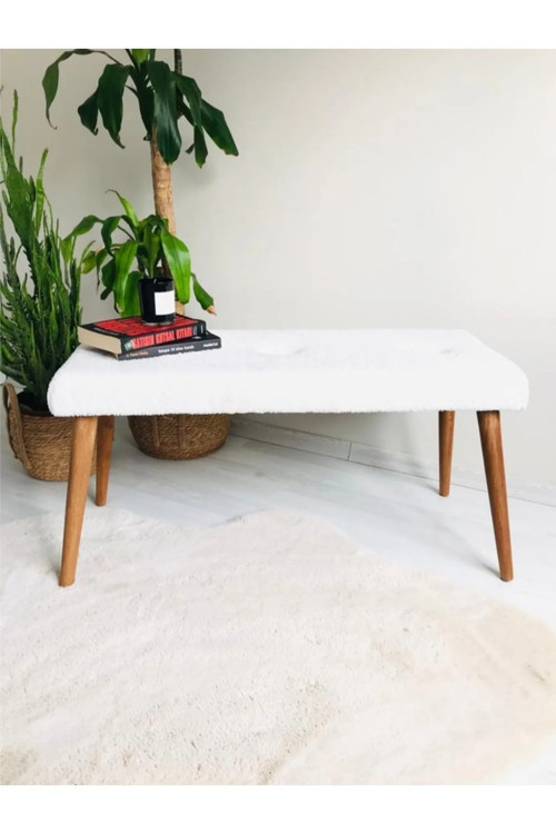 Ahşap Ayaklı Handmade Geniş Oturum Alanlı Beyaz Welsoft Kumaş Pofidik Puf Bench ,Ayak Ucu Uzatmalık