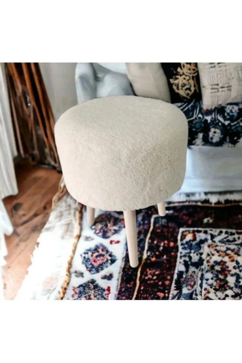 Coco Puf,Peluş,Pofidik Yuvarlak Puf,Gürgen Ayaklı