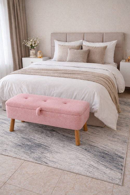 Yatak Önü Sandıklı Puf,Ve Giyinme Odası,Puf Bench, Pembe Peluş Kumaş Patlıcan Ayak Sandıklı