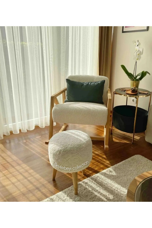 Coco Puf, Peluş,3 Ayak, Beyaz,Oturma Odası, Makyaj Masası Pufu