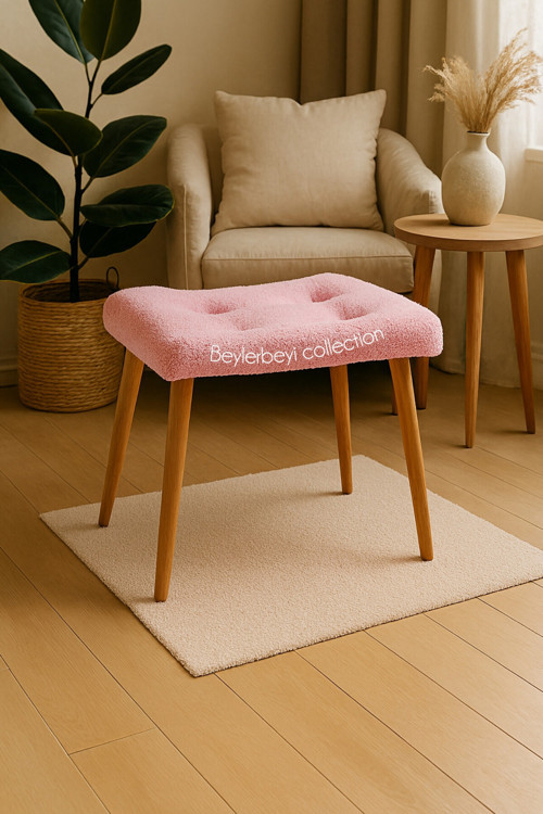 Makyaj Masası Pufu, Pembe Peluş Kumaş, Ayak Uzatmalık Puf, Dekoratif Puf
