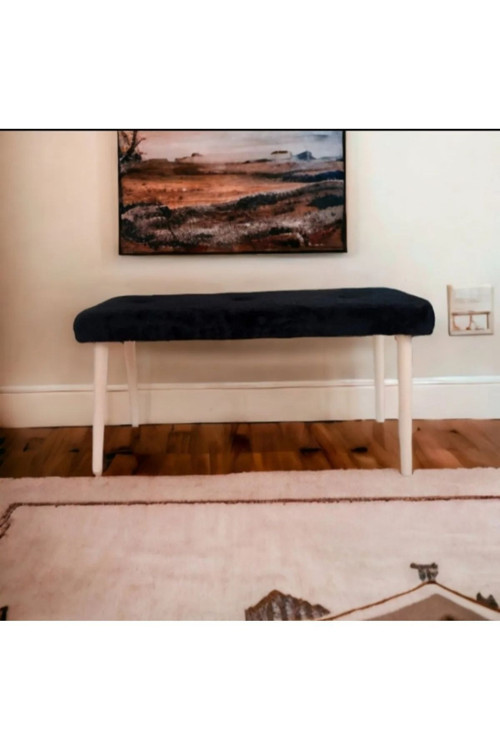 Ahşap Ayaklı Handmade Geniş Oturum Alanlı Siyah Welsoft Kumaş Pofidik Puf Bench ,Ayak Ucu Uzatmalık