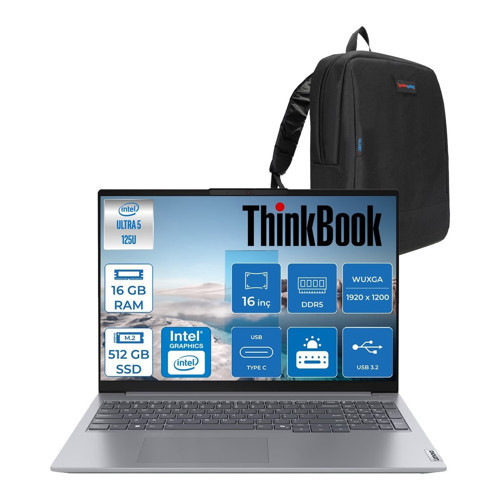 Thinkbook 16 G7 Iml Intel Ultra 5 125U 24GB Ddr5 512GB SSD Intel® Aı Boost 16" Wuxga 300NITS IPS Windows 11 Pro Taşınabi