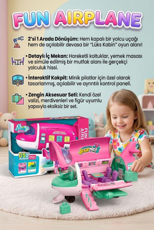 Eğlenceli Uçak! Bebek Figürlü 5 Farklı Bölgesi Açılan Detaylı Kokpitli Form Değiştiren Oyuncak Uçak