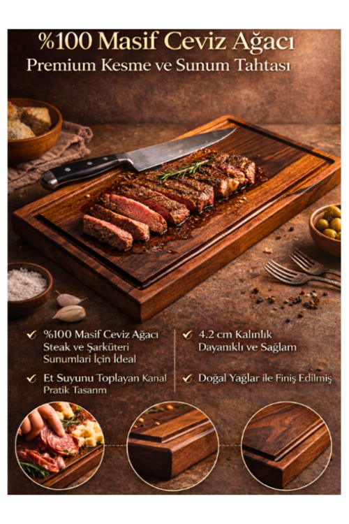 Masif Ceviz El Yapımı Kalın Kesme Tahtası 41x23,6x4,2 cm – Premium Steak & Sunum