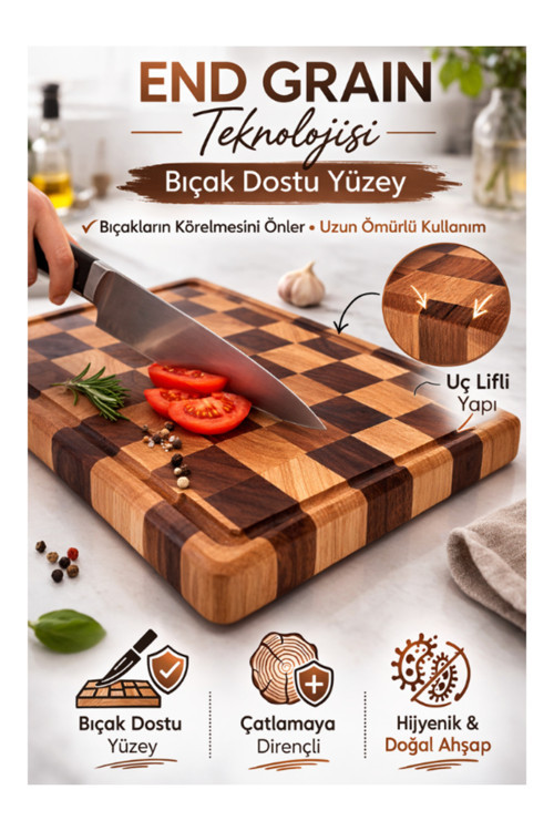 Artisan Seri End Grain Ceviz & Dişbudak Kesme Tahtası – 44×29×3 cm Doğal Ahşap