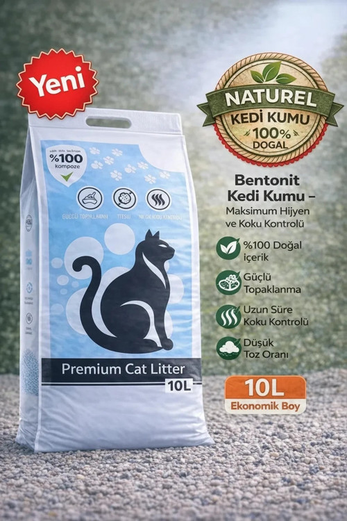 Bentonit Kedi Kumu 10 Litre %100 Beyaz Bentonit ince Taneli Kokusuz Topaklanan Premium Kedi Kumu toz