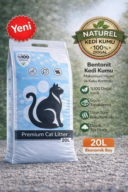 Bentonit Doğal Tozsuz Kedi Kumu 20 Litre %100 Beyaz Bentonit Kalın Taneli Kokusuz Topaklanan Premium