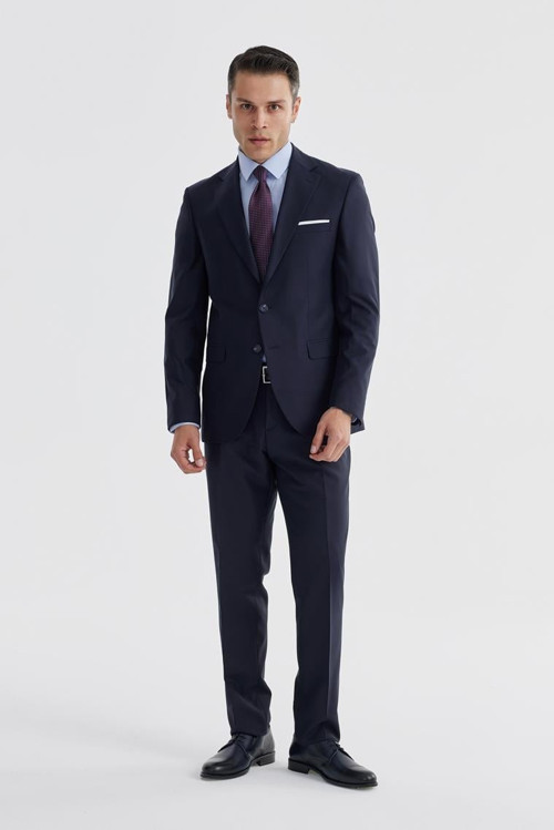 Lacivert Slim Fit Mono Yaka Çift Yırtmaç Düz Takım Elbise