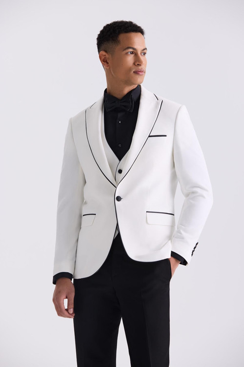 Beyaz Slim Fit Sivri Yaka Yelekli Smokin Takım Elbise
