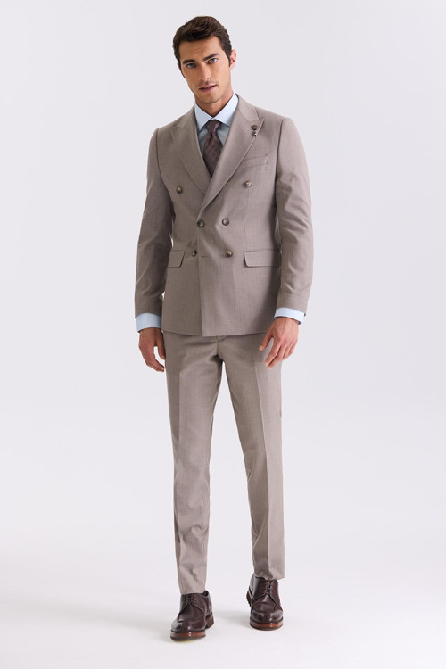 Bej Slim Fit Sivri Yaka Çizgili Kruvaze Takım Elbise
