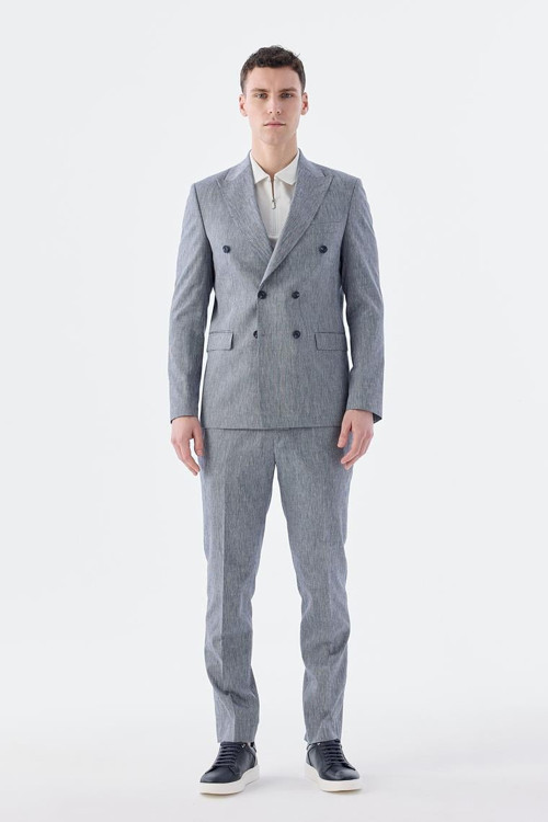 Lacivert Slim Fit Keten Karışımlı Kruvaze Takım Elbise