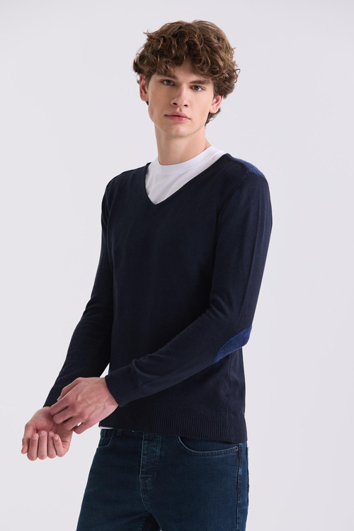 Lacivert Slim Fit V Yaka Triko Kazak
