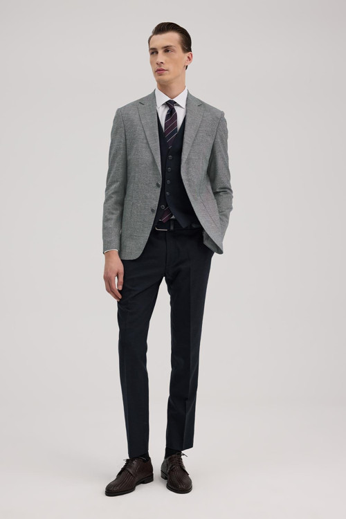 Lacivert Slim Fit Mono Yaka Yelekli Keten Karışımllı Takım Elbise