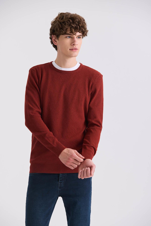 Kiremit Slim Fit Bisiklet Yaka Desenli Triko Kazak
