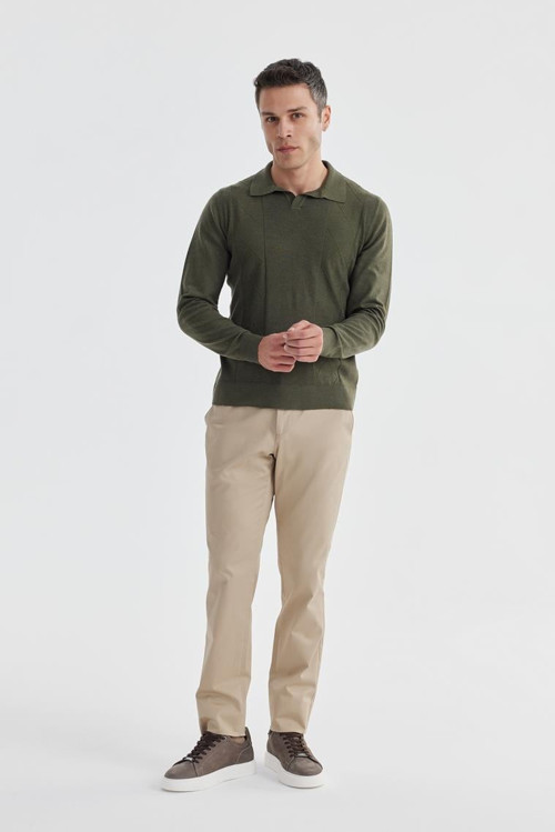 Haki Slim Fit Yün Kaşmir Karışımlı Desenli Polo Yaka Triko