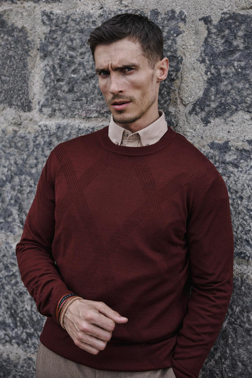 Kiremit Slim Fit Desenli Bisiklet Yaka Triko