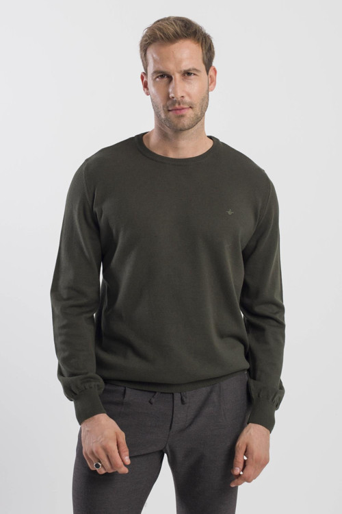 Haki Slim Fit Bisiklet Yaka Triko Kazak