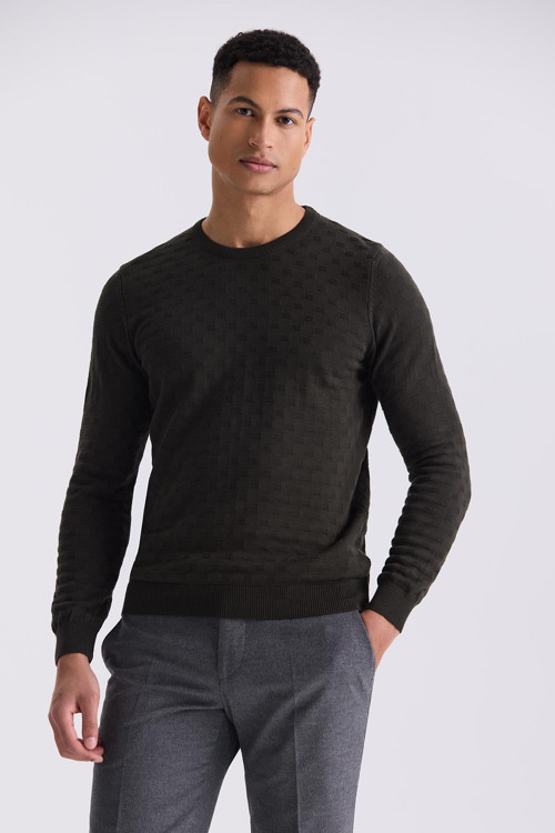 Haki Slim Fit Bisiklet Yaka Desenli Triko Kazak