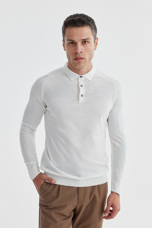 Ekru Slim Fit Yünlü Desenli Polo Yaka Triko