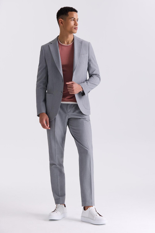 Gri Slim Fit Mono Yaka Spor Takım Elbise