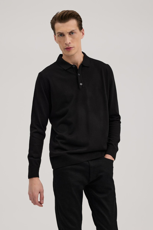 Siyah Comfort Fit Polo Yaka Yünlü Triko