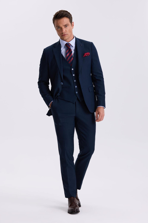 Lacivert Slim Fit Mono Yaka Çift Yırtmaçlı Yelekli Takım Elbise