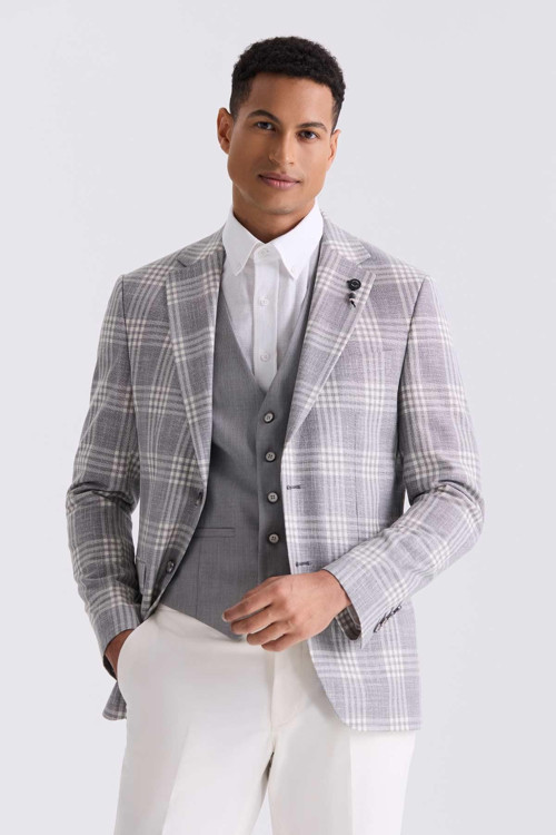 Gri Slim Fit Mono Yaka Kareli Kombinli Yelekli Takım Elbise
