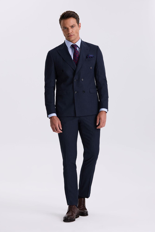 Lacivert Slim Fit Kırlangıç Yaka Çift Yırtmaç Yünlü Kruvaze Takım Elbise