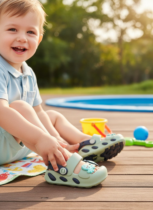 2246-Akınal Unisex Bebek Figürlü Ultra Yumuşak Esnek Kaymaz Tabanlı Sandalet Terlik - NKT02246-yeşil-23-24