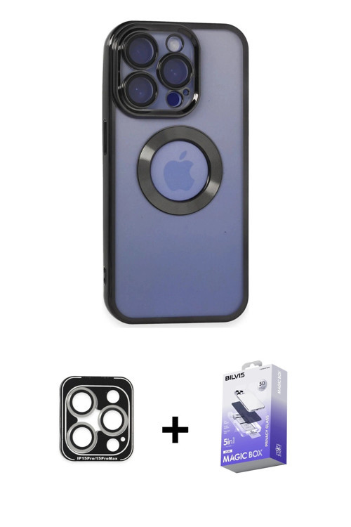 ieg™ iPhone 15 Pro Max Kılıf Pusula Form - Siyah Bilvis 5in1 5D Magic Hayalet Cam Ekran Koruyucu + G