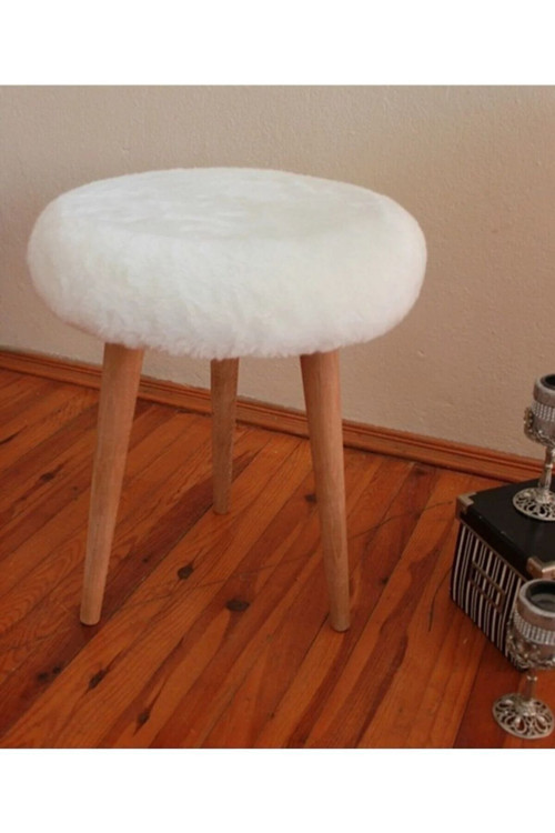 Gürgen Ahşap Retro Ayak Dekoratif Beyaz Peluş Puf Tabure Bench Koltuk Sandalye