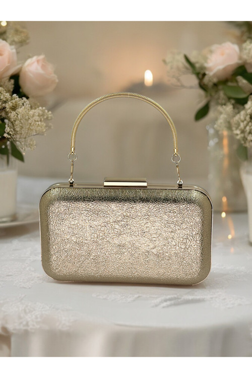 Gold Dore Renk Kristal Desenli Abiye Çanta Gece Çantası Düğün Nişan Portföy