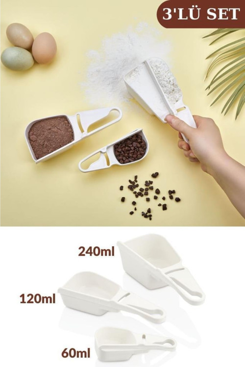 3’lü Ölçü Kabı Seti, Un Şeker Kakao Bakliyat Deterjan Ölçü Kaşığı 3 Boy (60ml,120ml,240ml)