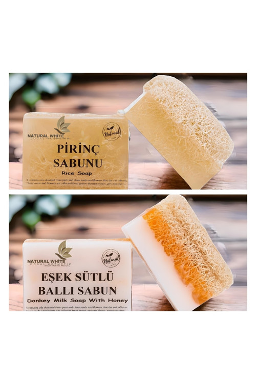 Doğal Kabak Lifli Eşek Sütlü Ballı Sabunu + Doğal Kabak Lifli Pirinç Sabunu 130gr+130gr 2'li
