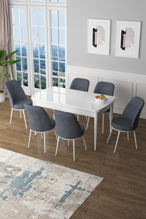 Zen Serisi 80x132 Mdf Açılabilir Beyaz Mutfak Masası Takımı Ve 6 Füme Sandalye