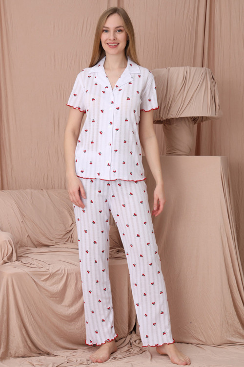 Mirano 1702 Kiraz Desenli Pointel İnce Kumaş Düğmeli Kısa Kollu Kadın Pijama Takımı