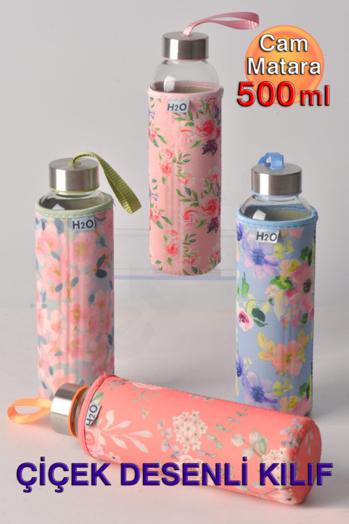 Çiçek Desenli Kılıflı Cam Matara 500ml