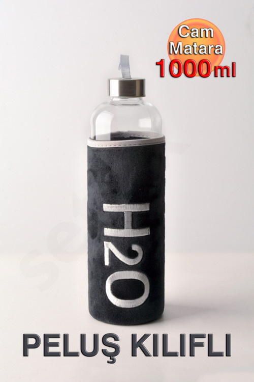 Siyah Peluş Kılıflı Cam Matara 1000ml