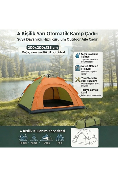 ® 4 Kişilik Yarı Otomatik Kamp Çadırı – Suya Dayanıklı, Hızlı Kurulumlu Outdoor Aile Çadırı
