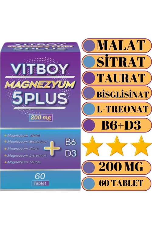 Magnezyum 5 Plus 60 Tablet 200 mg Malat-Bisglisinat-Sitrat-L-Treonat-Taurat-B6-D3