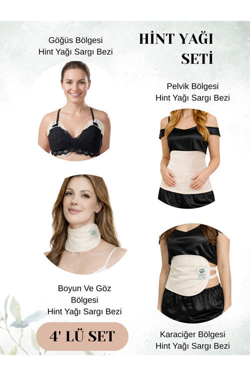 HİNT YAĞI SARGI BEZİ 4'LÜ SET: KARACİĞER, PELVİK, BOYUN/GÖZ VE GÖĞÜS BÖLGESİ SARGI BEZİ, % 100 Pamuk