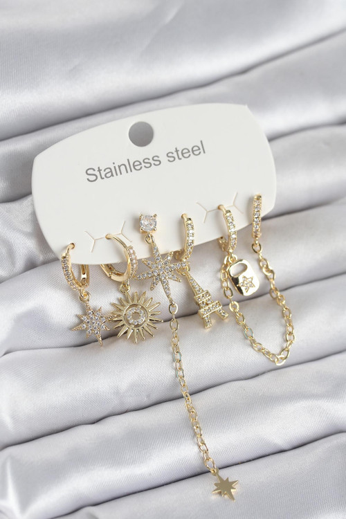 316L Çelik Gold Renk 6'lı Set Charmlı Kadın Küpe TG27BKP11749